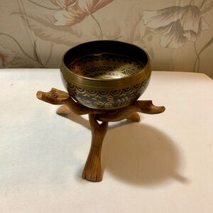 Heavy Brass 5” by 2.25”  Bowl With Ornate Design On 3 Legged Wooden